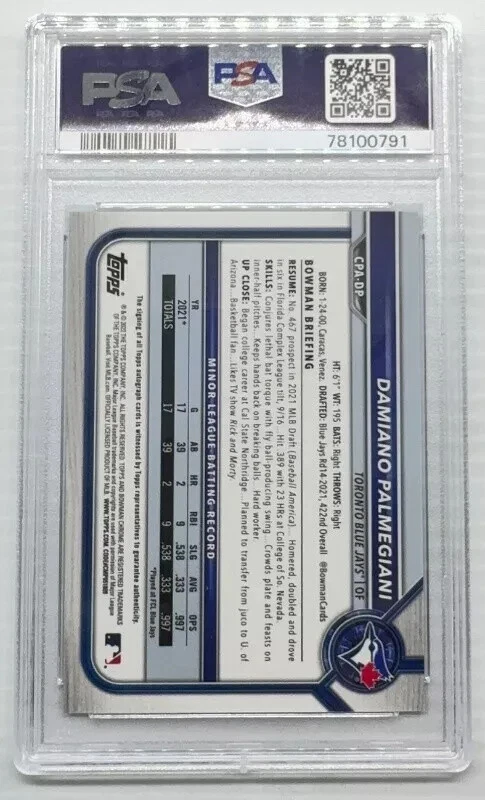 2022 Bowman Chrome Damiano Palmegiani Blue Refractor Auto 064/150 PSA 9 MINT - Image 2 of 2