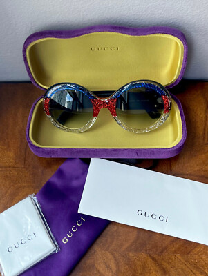 GUCCI Multi-Color Glitter Frame Gold Glitter Arm Oversized Round Sunglasses $420