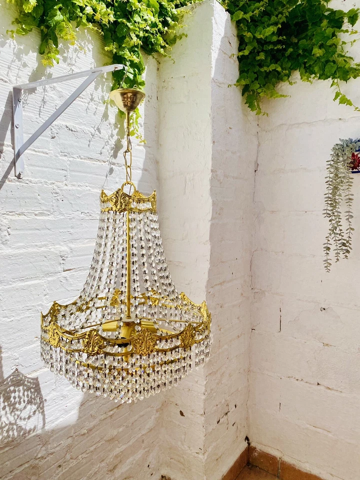 35" x 17" Vintage French Empire Chandelier Tiered Crystal Gold Brass Hollywood - Image 2 of 4