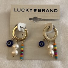 Lucky Brand Huggie Hoop Earrings Evil Eye,Faux Pearl  Bead Charms NWT