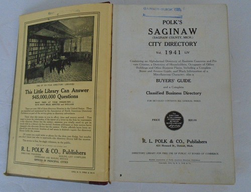 1941 Saginaw Michigan Polk's City Directory With Advertising - Picture 3 of 12