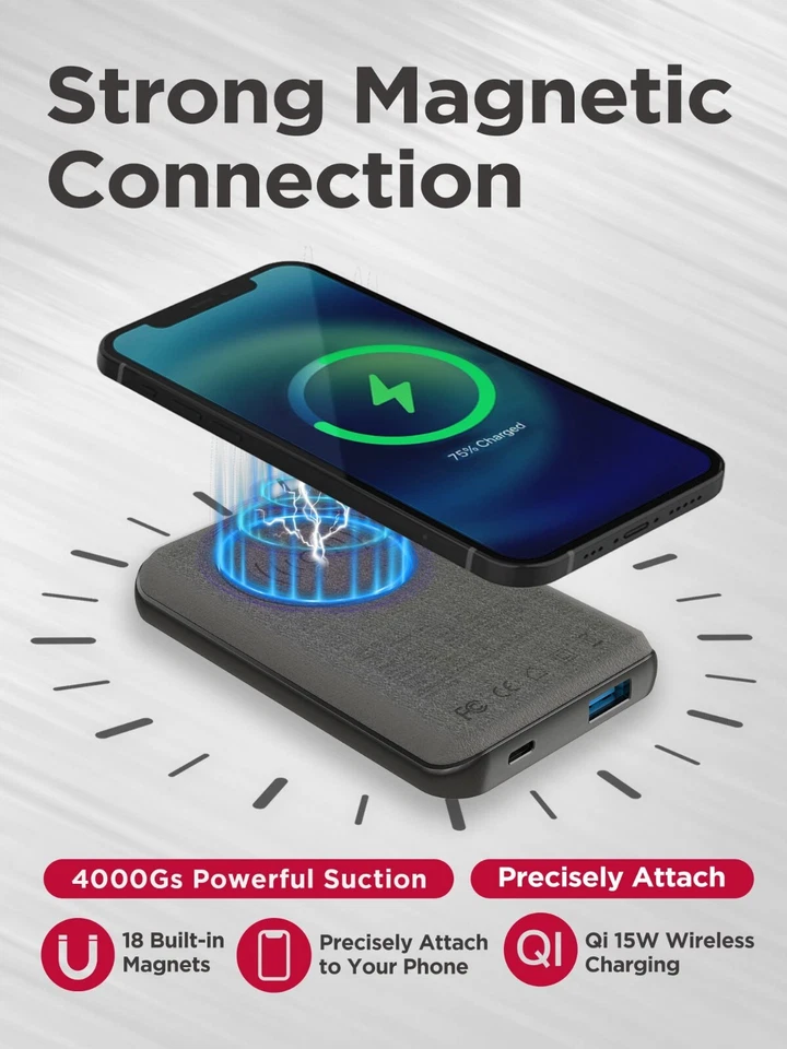 Banco de alimentación inalámbrico magnético Gigastone 10000 mAh cargador magnético portátil, tipo C Foto 2 de 4