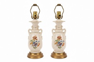 Vintage Hand Painted Porcelain Floral Victorian Style Urn Lamp Pair