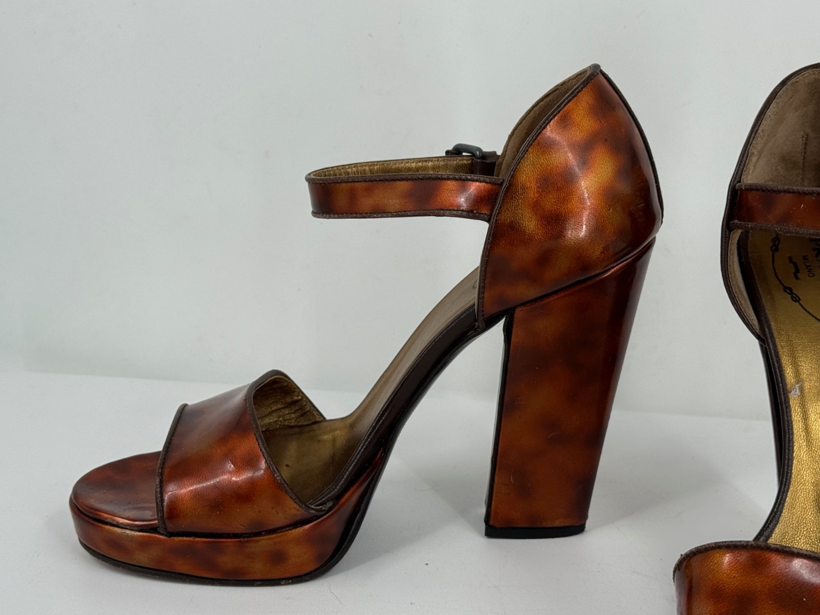 Prada Brown Tortoise Shell Leather Block Heel San… - image 5