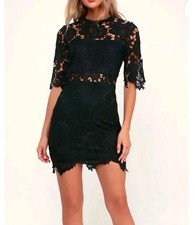 Lulus Black Lace Floral Sheath Mini Dress High Neck Bell Sleeve S