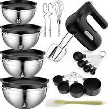 5-Speed Hand Mixer Electric with 4 Stainless Steel Mixing Bowls Set, 300W Lightw