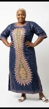 Women's Navy Blue Embroidered African Kaftan Set Elbow Length Sleeves Size Large