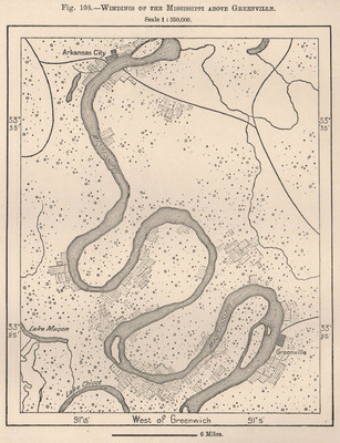 Windings of the Mississippi above Greenville 1885 old antique map plan chart