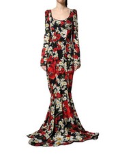 Dolce & Gabbana Black Floral Silk Long Sleeves Gown Women's Dress
