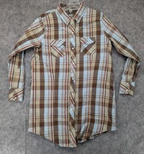 Walls Shirt Mens Large Brown Blue Plaid Western Pearl Snap Flannel Cowboy