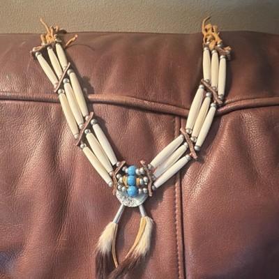 Bone Bead Choker Necklace Blue Beads Fur Accents Native American Style Handmade