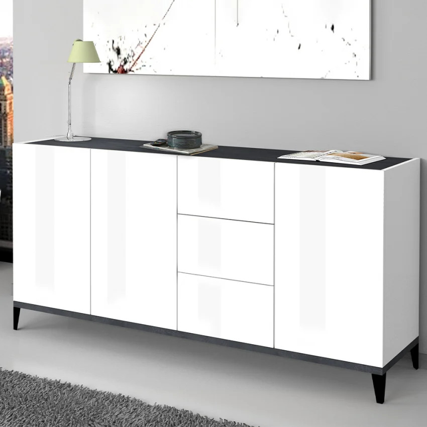 Buffet long 160cm Rebecca pour salon et cuisine meuble de rangement bas 3 portes 3 tiroirs