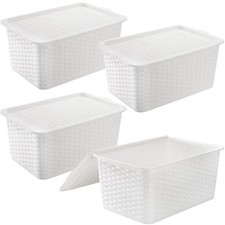 4 Pack 11x7x5 Inch White Lidded Storage Bins Baskets Shelf Plastic Pantry