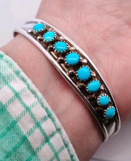 Vintage Sterling Silver Zuni or Navajo 8 Turquoise Serrated Set Cuff Bracelet