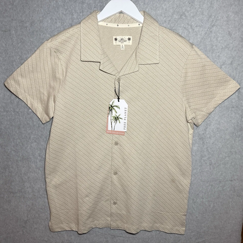 Free Planet Mens S Greek Key Resort Camp Shirt Short Sleeve Beige Tan Button Up - Image 2 of 4