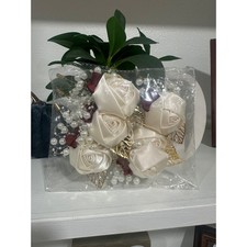 Formery White Satin Rose Boutonniere Set Pearl Beaded Wedding Corsage Pins