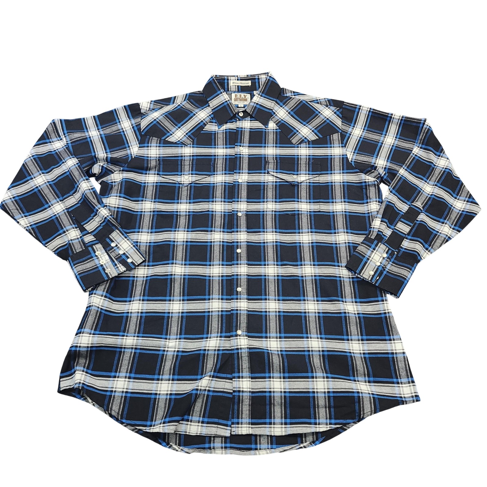 Ely Cattleman Shirt Mens Large Blue Plaid Long Sleeve Snap Western Cowboy
