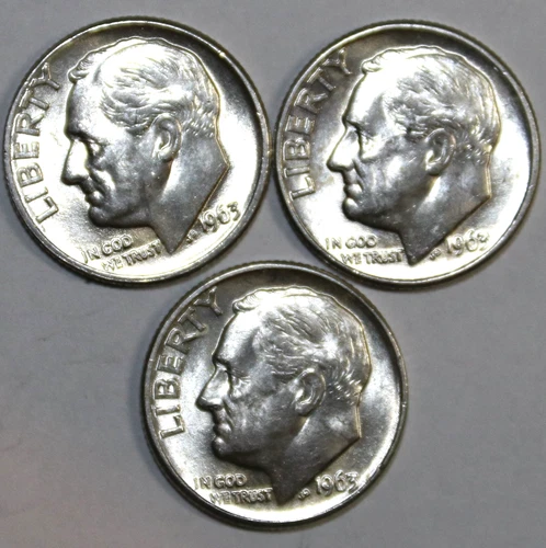 (3) 1963-D Roosevelt Dimes - About Uncirculated - #1932E - FREE SHIPPING