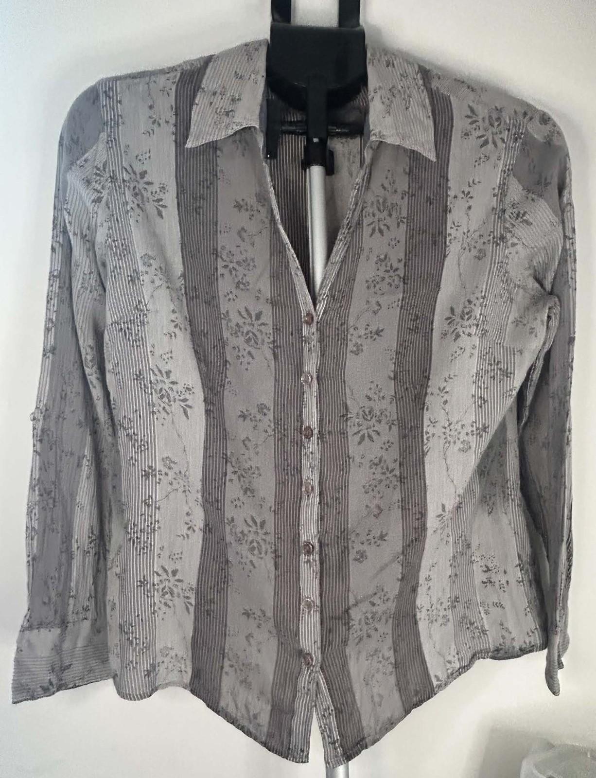 Per Una Patterned Grey Striped Floral Cotton Shirt Size 14