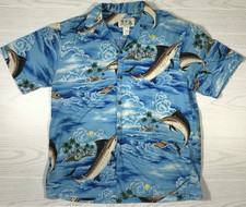 Vintage Hawaiian Shirt Men L KY's Made in Hawaii Blue Marlin Button Up Vacation