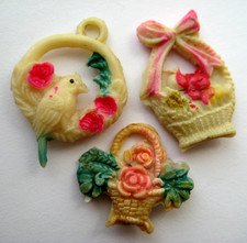 40's VTG Celluloid FLOWER BIRD BASKET Gumball Charm Cracker Jack Toy Prize LOT