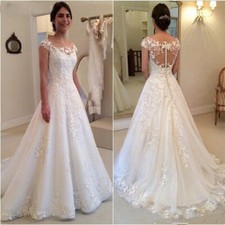 White Lace Applique Wedding Dresses Cap Sleeves Sweep Train A-line Bridal Gowns