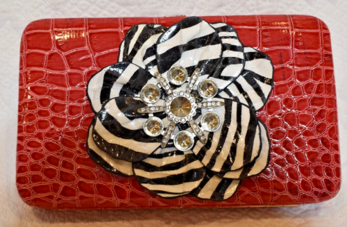 Red Crocodile Texture Hardcase Wallet with Zebra Pattern Flower Bling 7"x4" - Picture 1 of 13