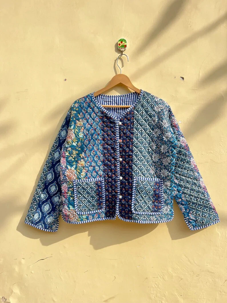 Indian Blue Patchwork Fluffy Quilted Unisex Jacket Women's Clothing Jacket US