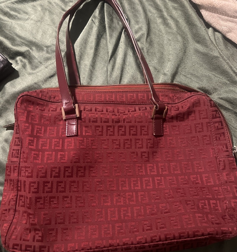 Fendi Zucca Nylon Canvas Red Handbag 13x9 Inches Pre-Owned