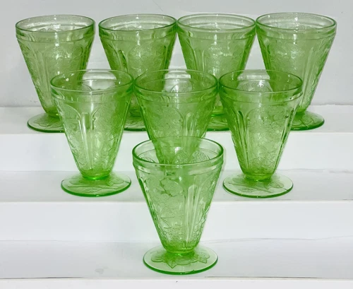 8 Jeannette CHERRY BLOSSOM GREEN 3 3/4"- 4 oz FOOTED JUICE TUMBLERS