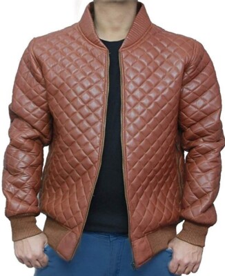 Men 100% Pure Lambskin Leather Quilted Bomber Jacket Tan Brown Moto Biker Jacket