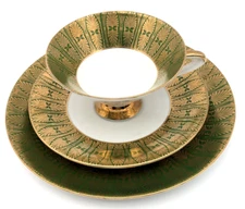 German Winterling 3 Piece Green & Gold Porcelain Tea Cup Saucer & Plate Bavaria