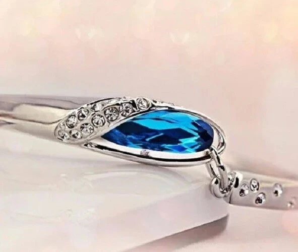 Blue Teardrop Princess Cut CZ Necklace and Bracelet Set White Gold Filled - Image 4 of 4