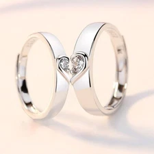 2pcs/set 925 Silver Zircon Promise Ring Couple Adjustable Letters Lover Heart