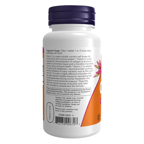 NOW Foods Vitamin C-500  with Rose Hips (rosa canina) - 100 compresse NOW0670 - Foto 3 di 5