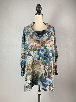 Ali Miles ABSTRACT VILLAGE Brushed Top COWL Neck Sweater 2X POCKET
