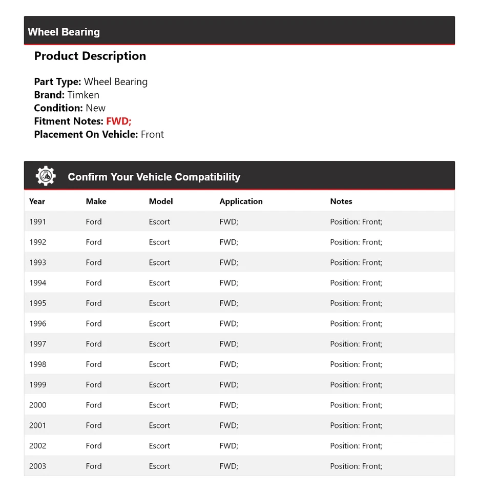 Передний подшипник колеса полного привода для Ford Escort 1991-2003 годов выпуска Timken 1992 1993 1994 1995 годов выпуска - Изображение 2 из 4