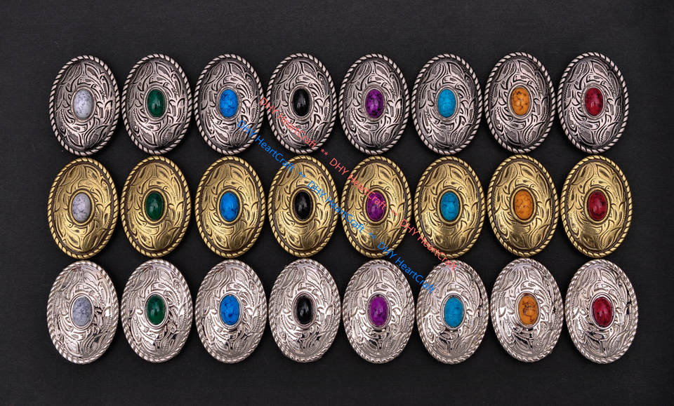 Conchos Ovales En Argent Brillant Style Western Pour Ceinture Ou Selle - 10 Pièces, Motif Fleur, Fermoir à Vis