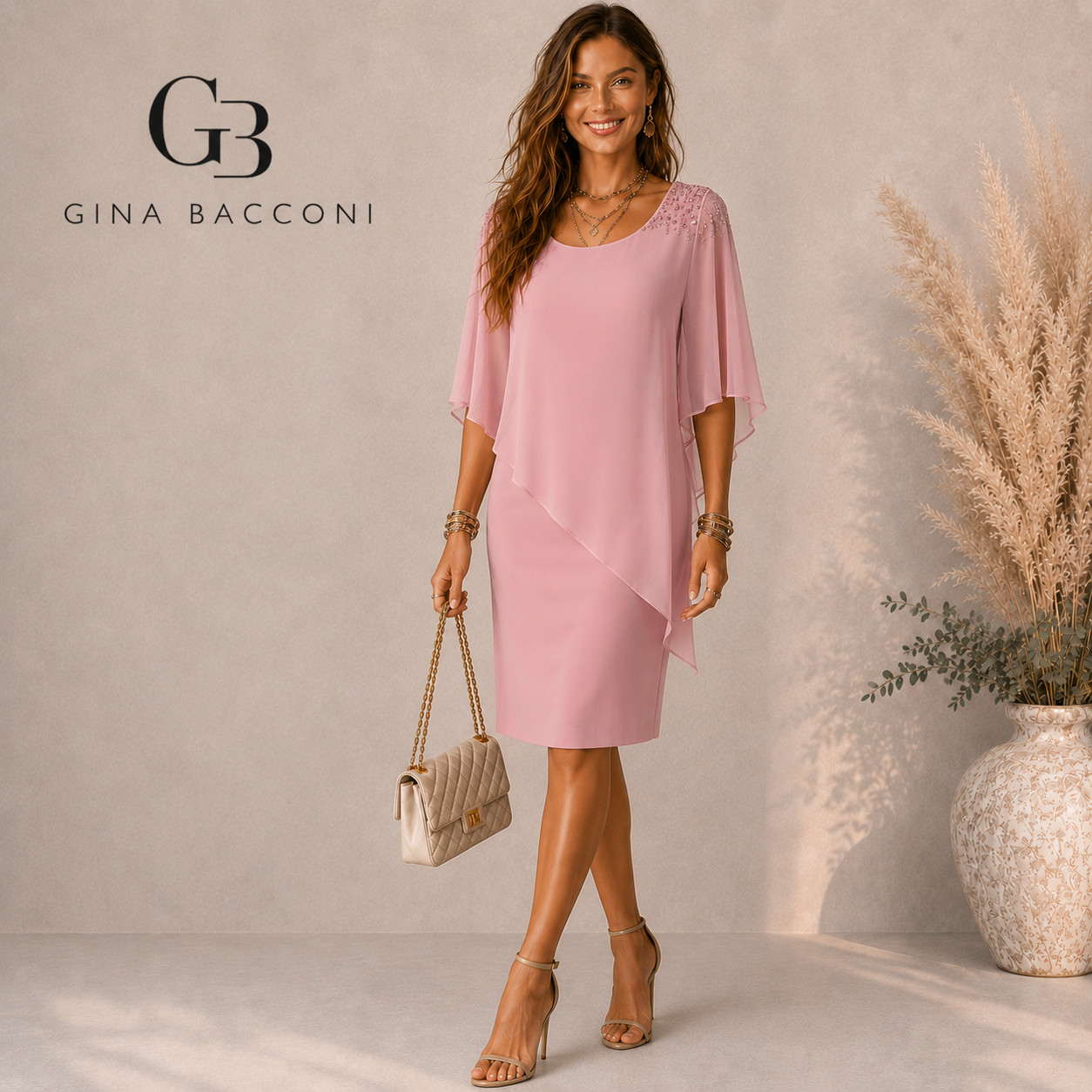 Gina Bacconi Womens Zenna Pink Beaded Shoulder Chiffon Dress UK 14 NWT RRP £250