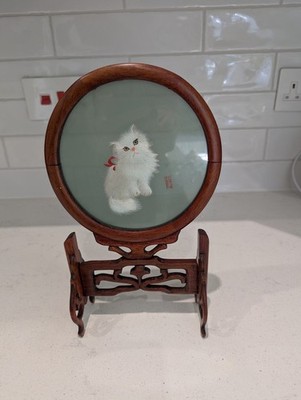Vintage chinesische handgefertigte gesponnene Siebdruck weiße Perserkatze transparente Glaskunst