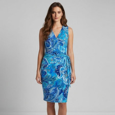 Lauren Ralph Lauren Faux Wrap Dress 6 Blue Paisley Ruched Surplice V-Neck Midi