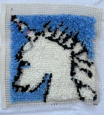 Vtg Finished Unicorn Latch Hook Rug 12 inch Blue White Completed