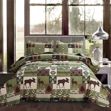 3 Pcs Cabin Bedding Quilt King Size Lodge Moose King 108"x96" Green Brown