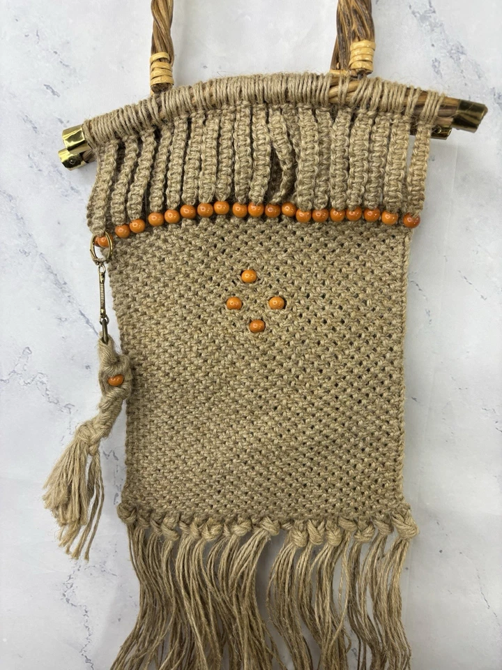 Винтажный 60-х сплетенный Дамская сумка макраме джутовая сумка с короткими ручками бисер бахрома покупатель народный крестьянин - Изображение 2 из 4