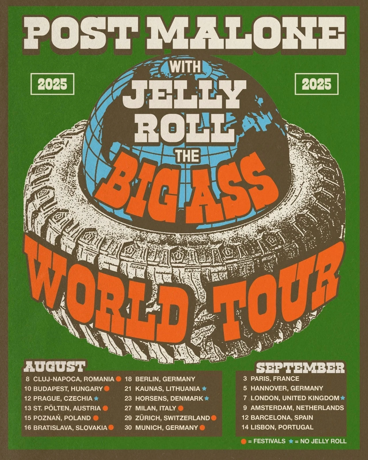 Post Malone With Jelly Roll The BIG ASS WORLD TOUR 2025 Poster