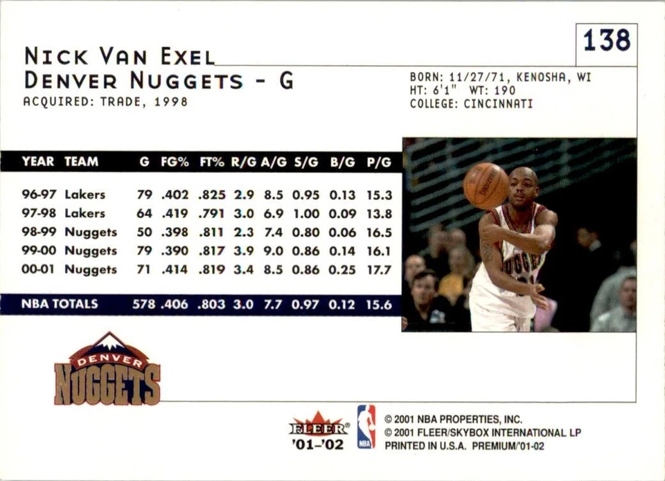 2001-02 Basketball Fleer Premium Nick Van Exel Denver Nuggets #138 - Image 2 of 2