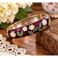 Vintage Jiu Long Xing Burgundy Cloisonn  Enamel Floral Hinged Bangle Bracelet