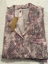 Skims Pajama Set Bloom Mini Multi Animal Print Pink Long Sleeve Button Piping L