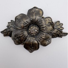 Vintage Bronze Floral Belt Buckle with Rhinestone Center