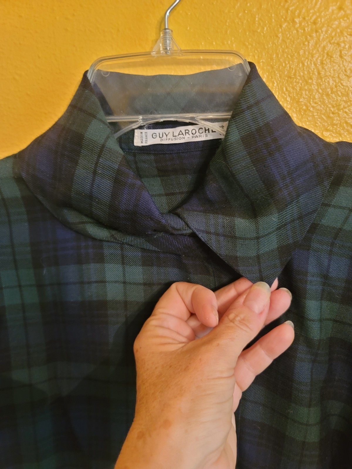 Vintage Guy Laroche Navy Plaid Blouse EU34 US 2-4 Made In France Wool Blend EUC